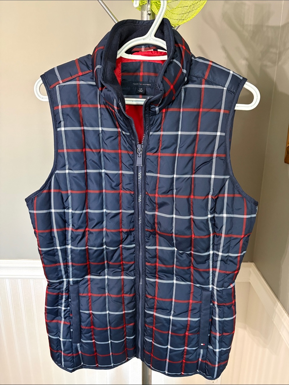 Tommy Hilfiger Navy Quilted Plaid Puffer Vest with Red & White Accents